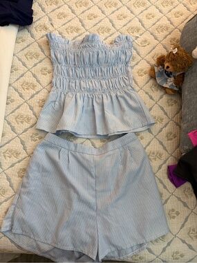 Girls Light Blue Pinstripe Smocked Top & Shorts Set